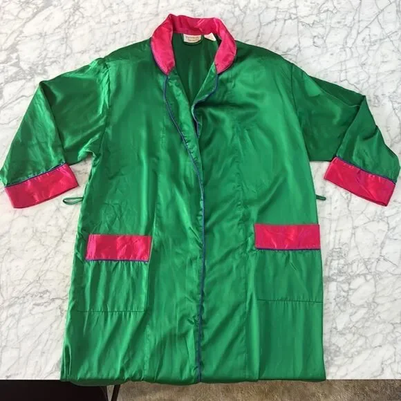 Victoria's Gold Label Vintage Secret Satin Green/Pink Kimono Style Robe Sz Small - Picture 7 of 9